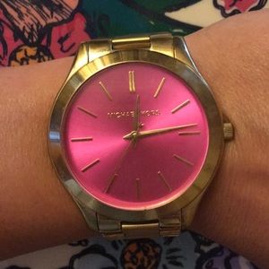 Michael Kors gold watch with hot pink face